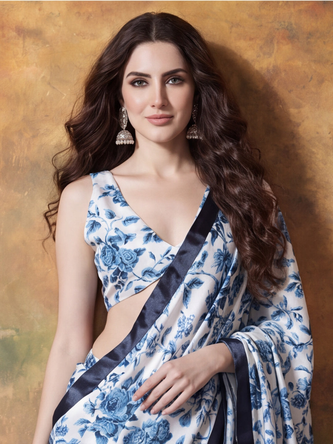 Trending Printed Chinon Ready To Wear Saree With Unstitched Blouse