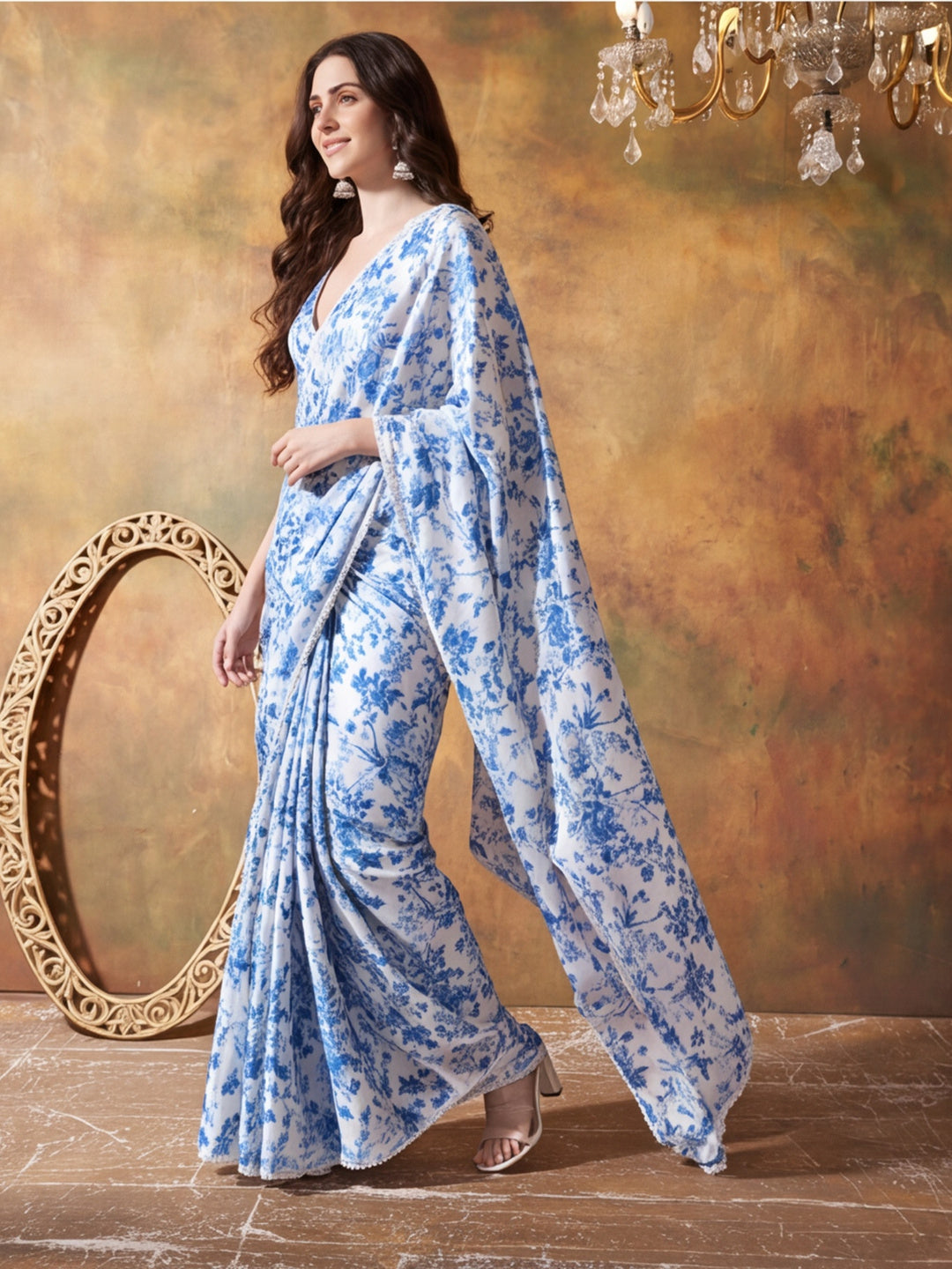 Trending Printed Chinon Ready To Wear Saree With Unstitched Blouse