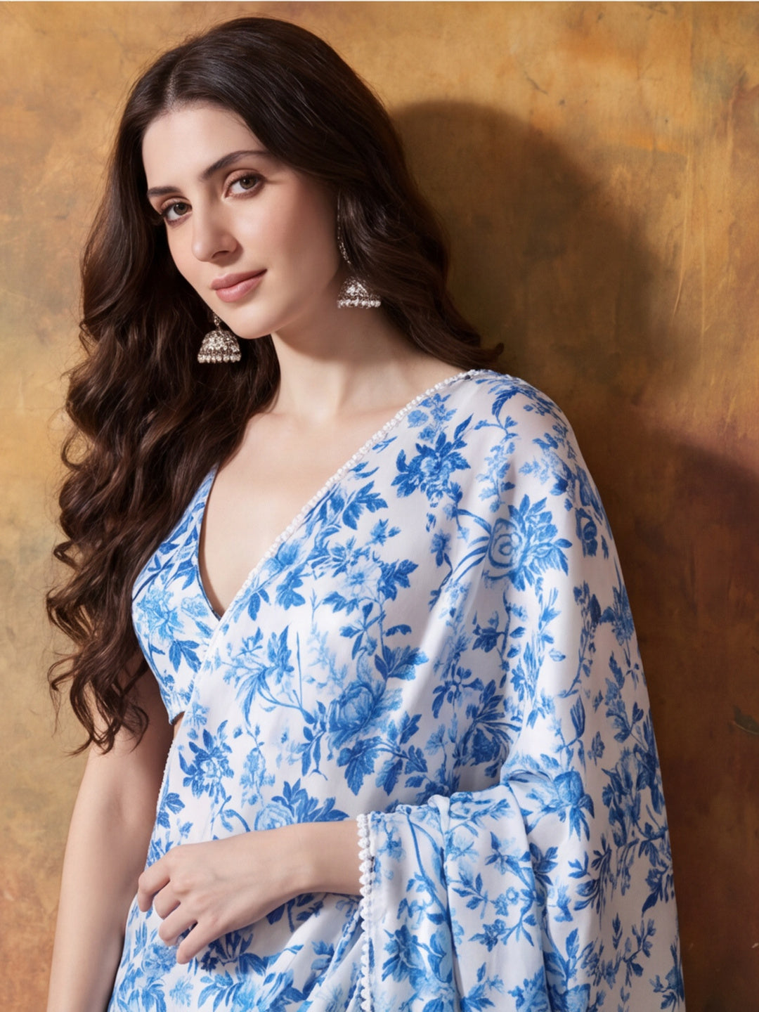 Trending Printed Chinon Ready To Wear Saree With Unstitched Blouse