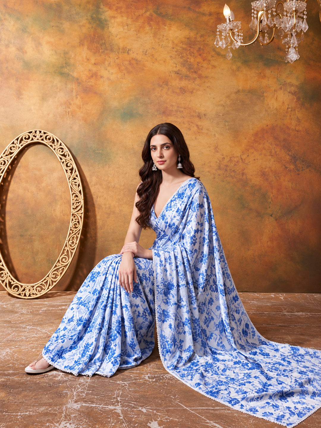 Trending Printed Chinon Ready To Wear Saree With Unstitched Blouse