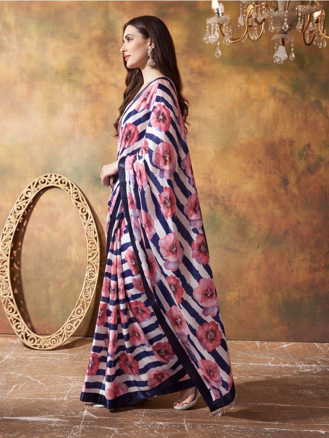 Trending Printed Chinon Ready To Wear Saree With Unstitched Blouse