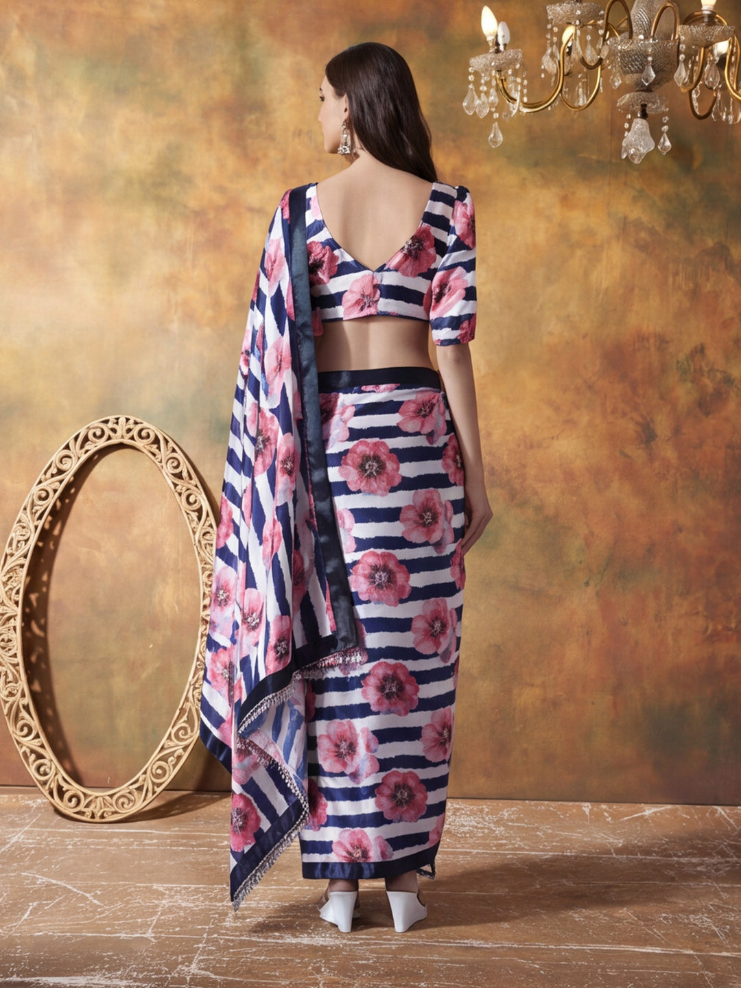 Trending Printed Chinon Ready To Wear Saree With Unstitched Blouse