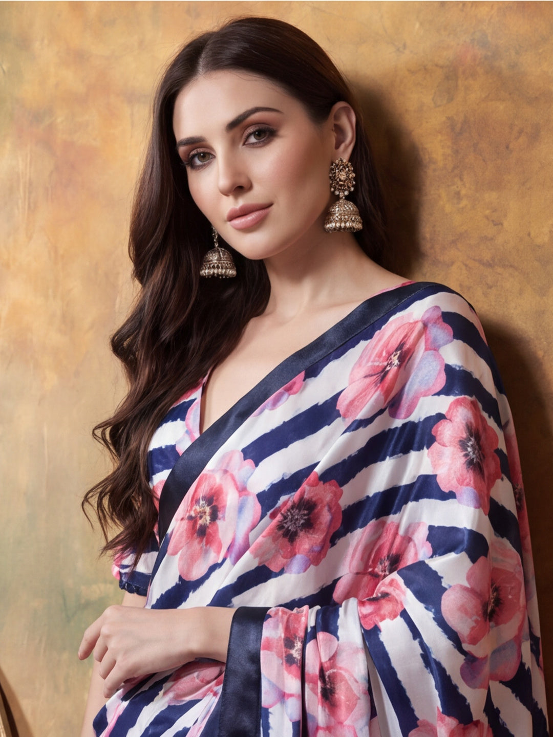 Trending Printed Chinon Ready To Wear Saree With Unstitched Blouse