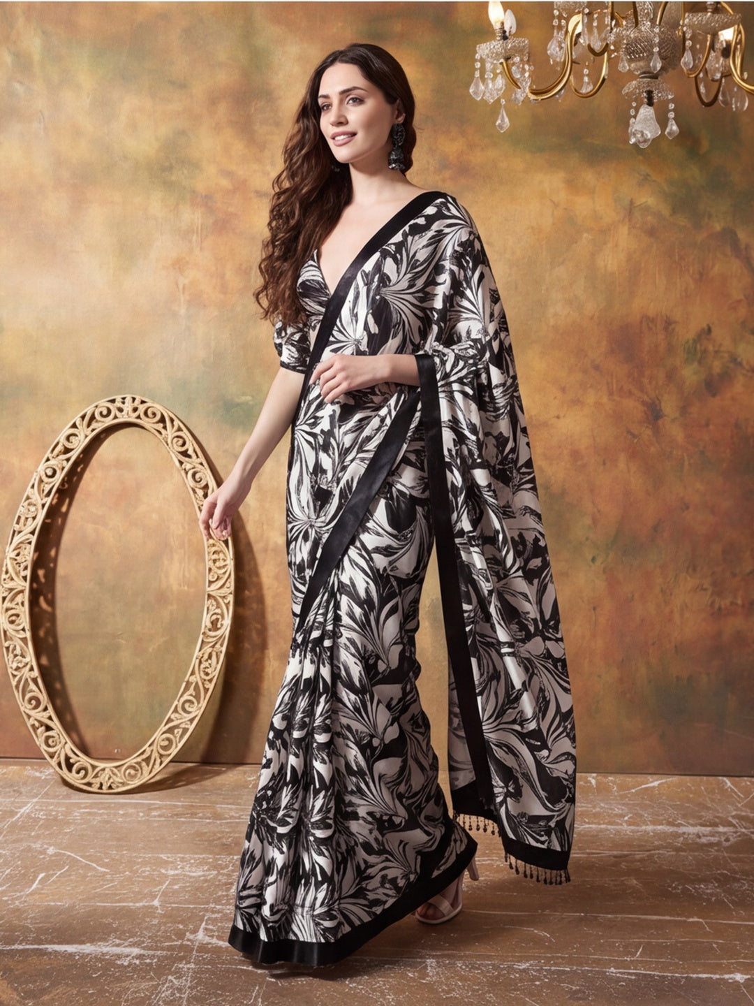 Trending Printed Chinon Ready To Wear Saree With Unstitched Blouse