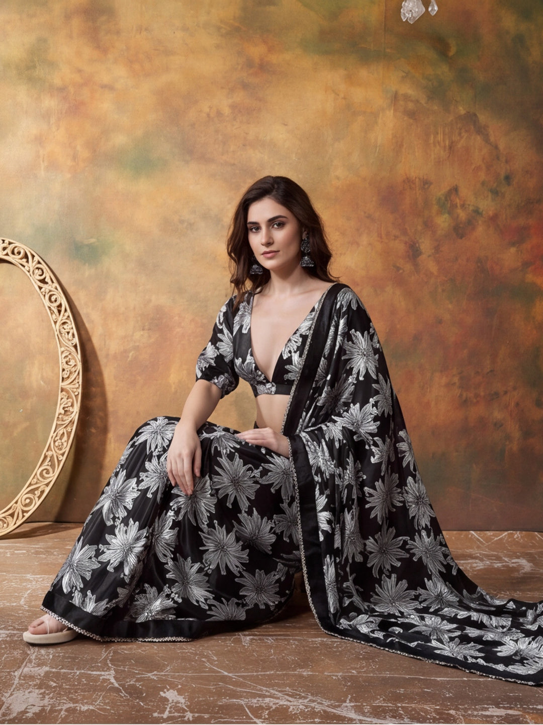 Trending Printed Chinon Ready To Wear Saree With Unstitched Blouse