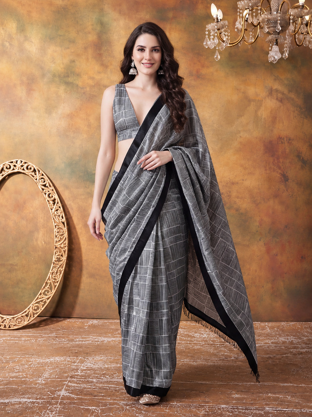 Trending Printed Chinon Ready To Wear Saree With Unstitched Blouse