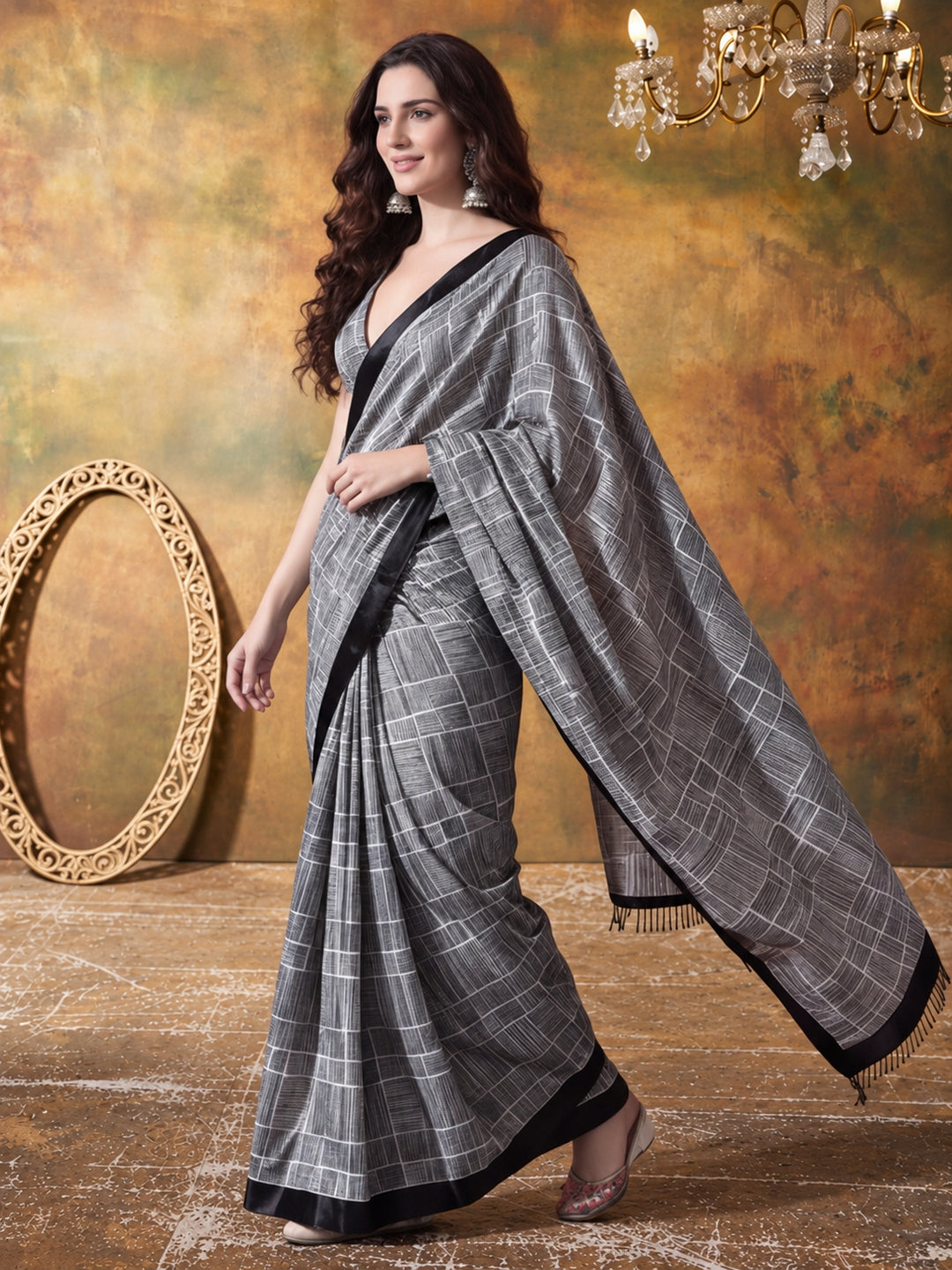 Trending Printed Chinon Ready To Wear Saree With Unstitched Blouse