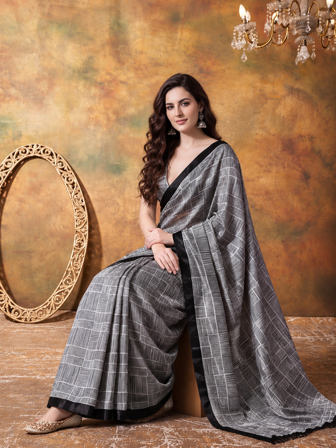 Trending Printed Chinon Ready To Wear Saree With Unstitched Blouse