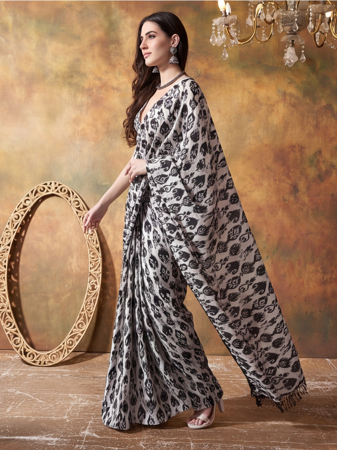 Trending Printed Chinon Ready To Wear Saree With Unstitched Blouse