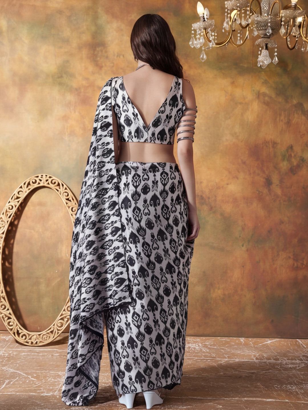 Trending Printed Chinon Ready To Wear Saree With Unstitched Blouse