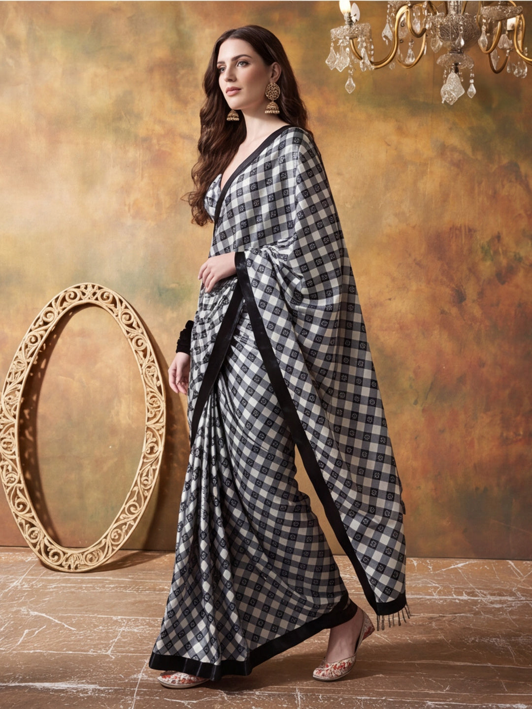Trending Printed Chinon Ready To Wear Saree With Unstitched Blouse