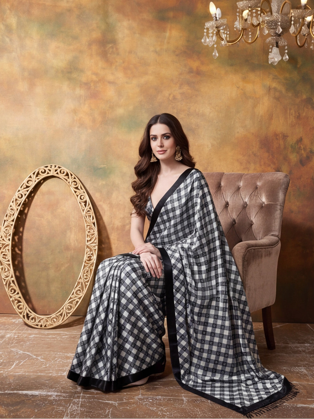 Trending Printed Chinon Ready To Wear Saree With Unstitched Blouse