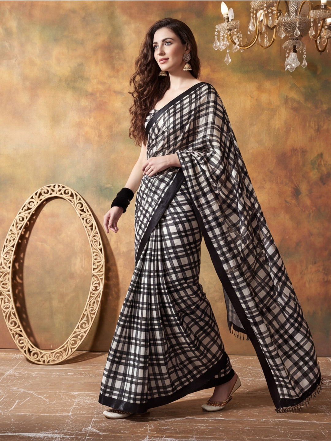 Trending Printed Chinon Ready To Wear Saree With Unstitched Blouse