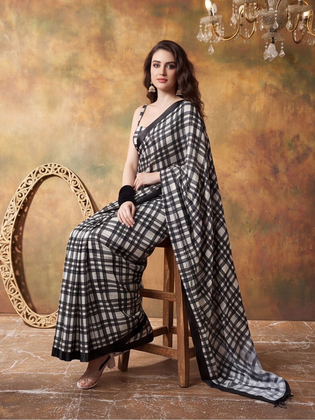 Trending Printed Chinon Ready To Wear Saree With Unstitched Blouse
