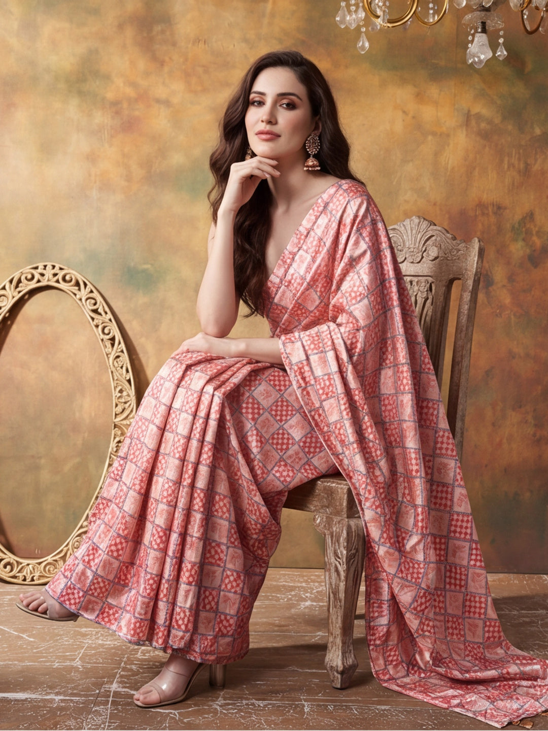 Trending Printed Chinon Ready To Wear Saree With Unstitched Blouse