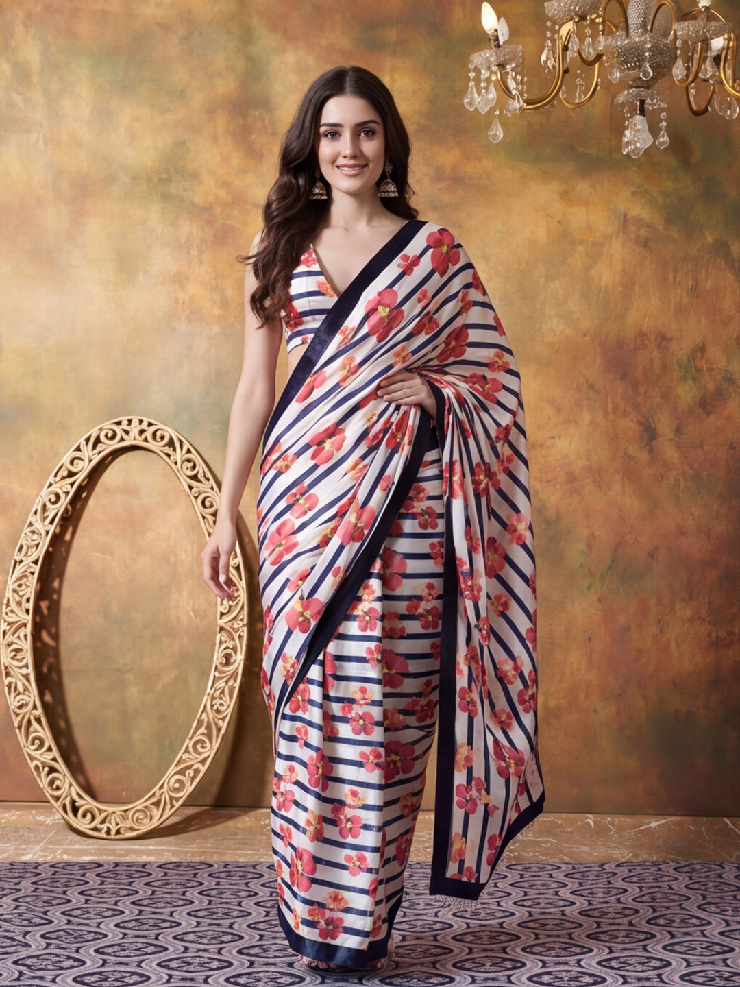 Trending Printed Chinon Ready To Wear Saree With Unstitched Blouse