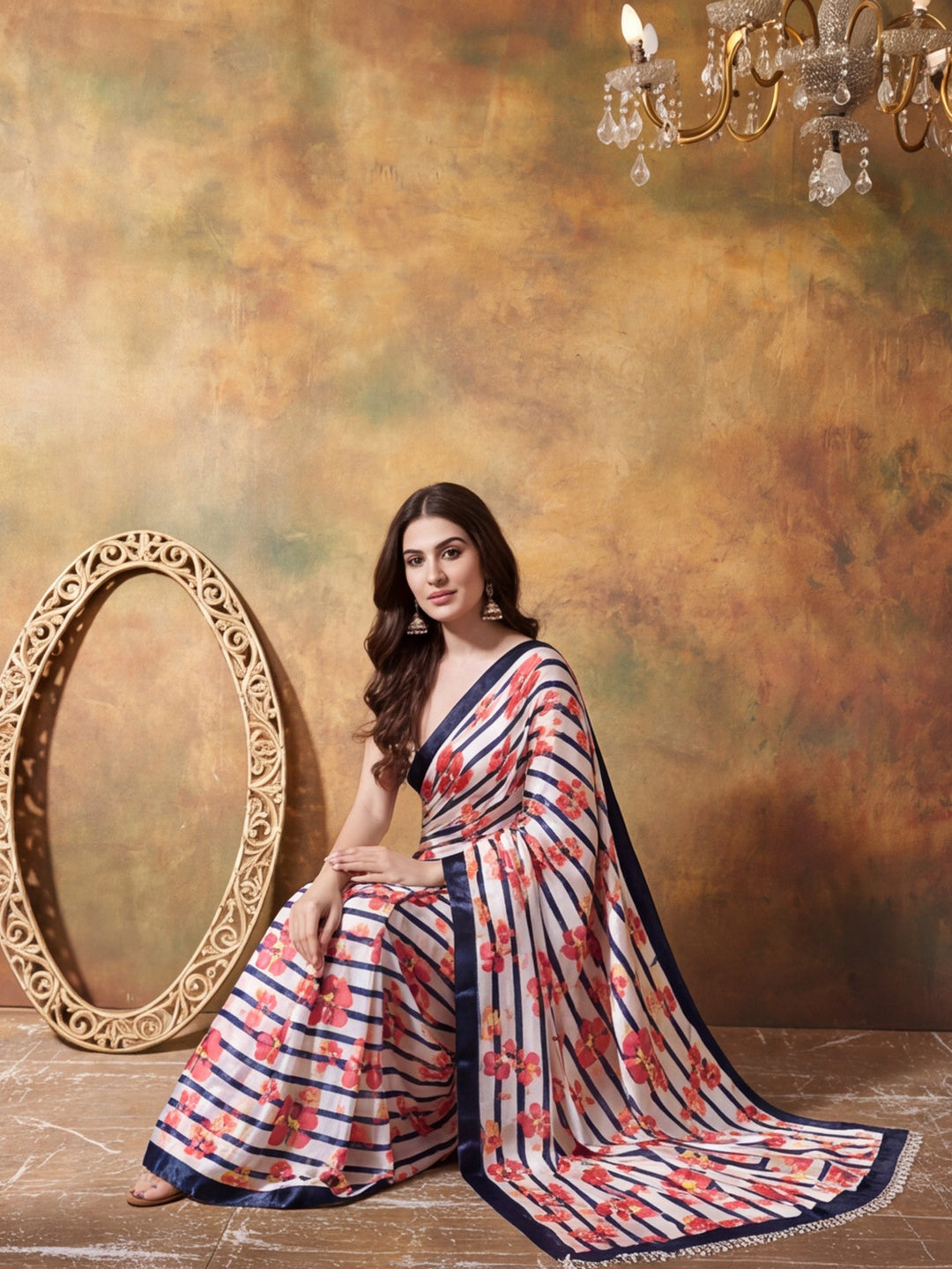 Trending Printed Chinon Ready To Wear Saree With Unstitched Blouse