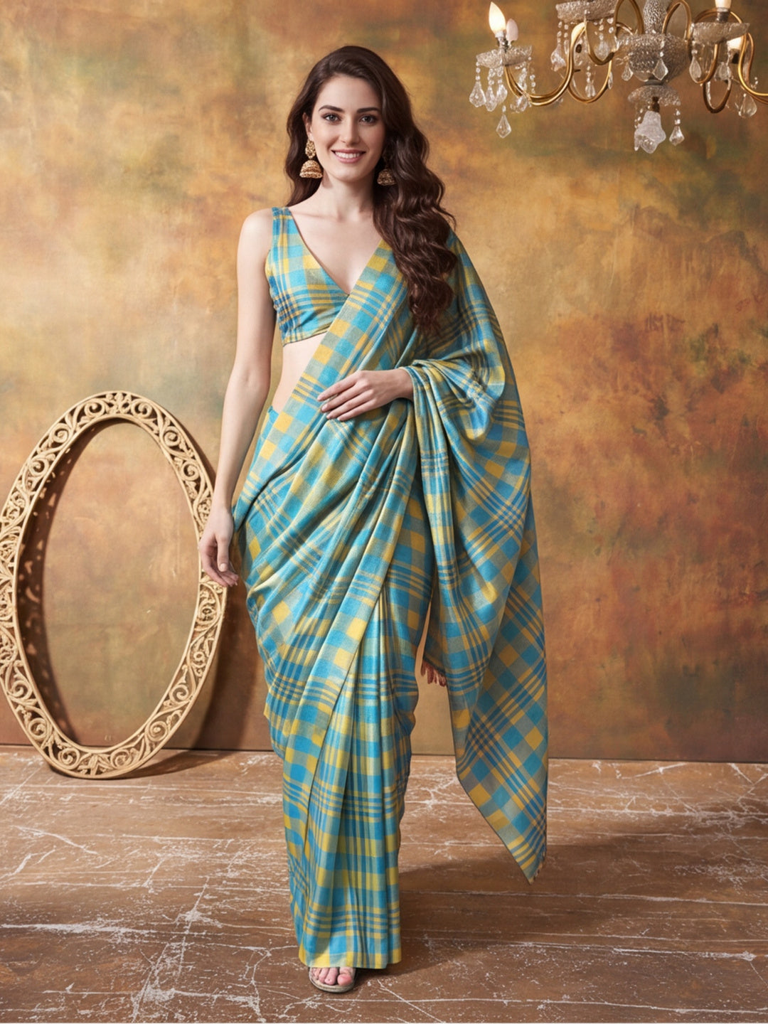 Trending Printed Chinon Ready To Wear Saree With Unstitched Blouse