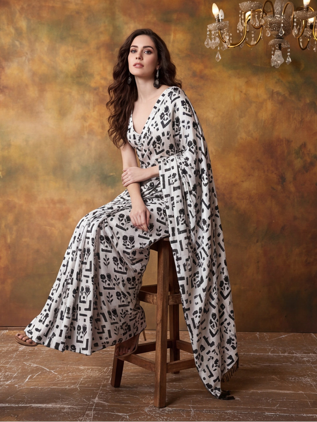 Trending Printed Chinon Ready To Wear Saree With Unstitched Blouse