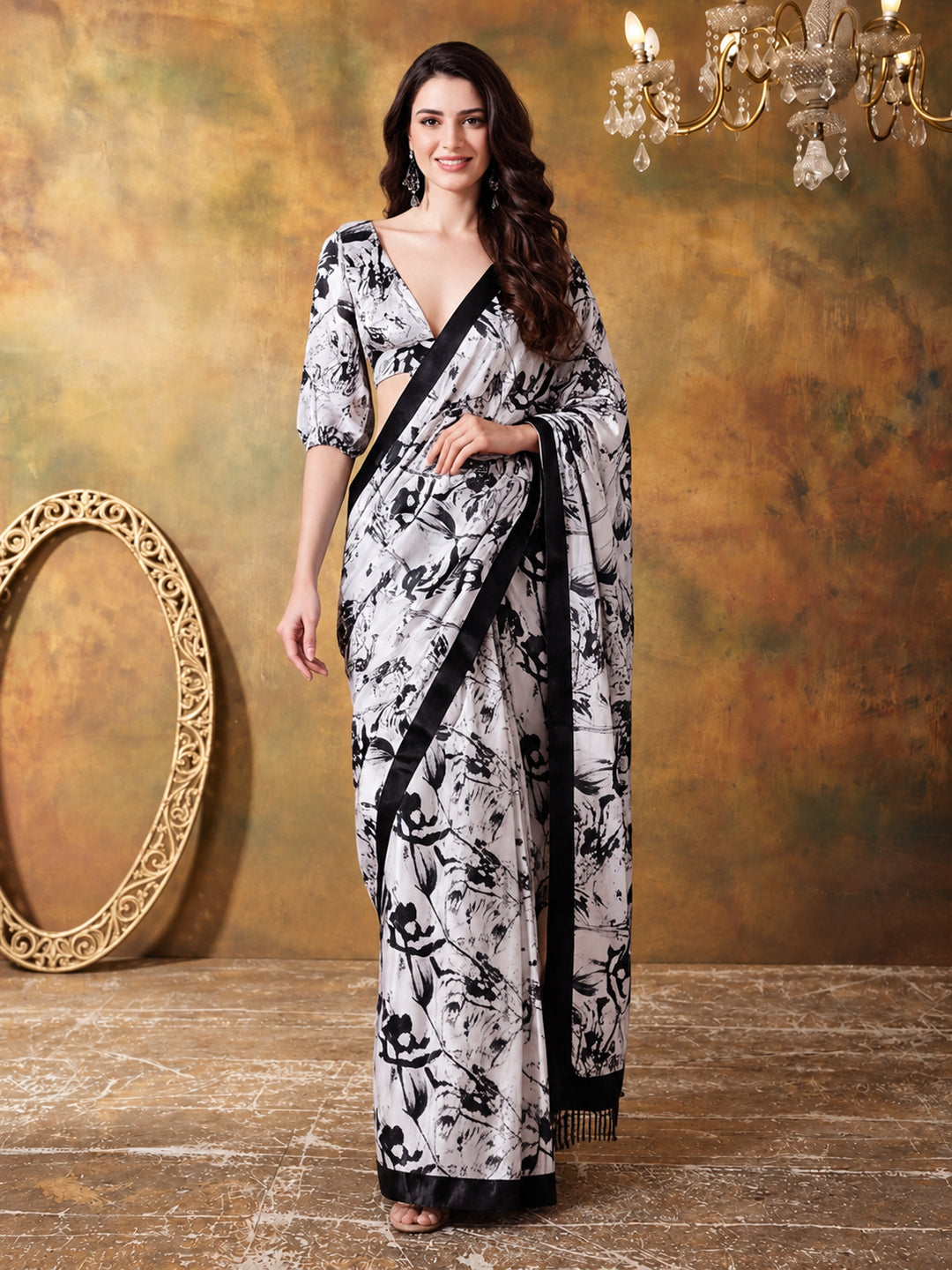 Trending Printed Chinon Ready To Wear Saree With Unstitched Blouse
