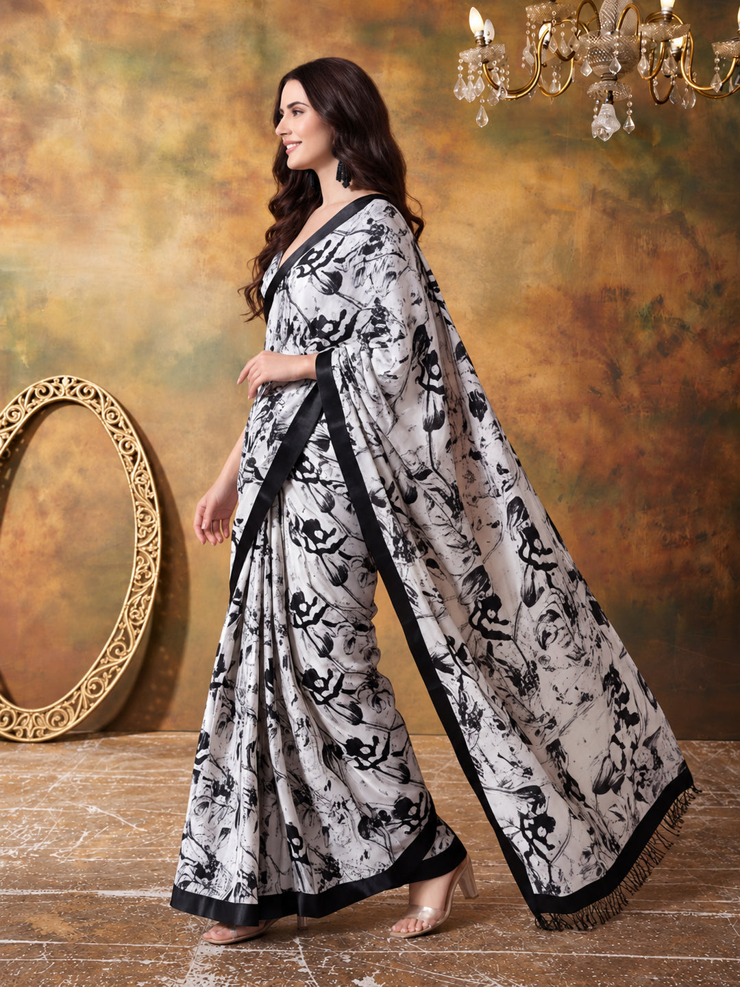 Trending Printed Chinon Ready To Wear Saree With Unstitched Blouse