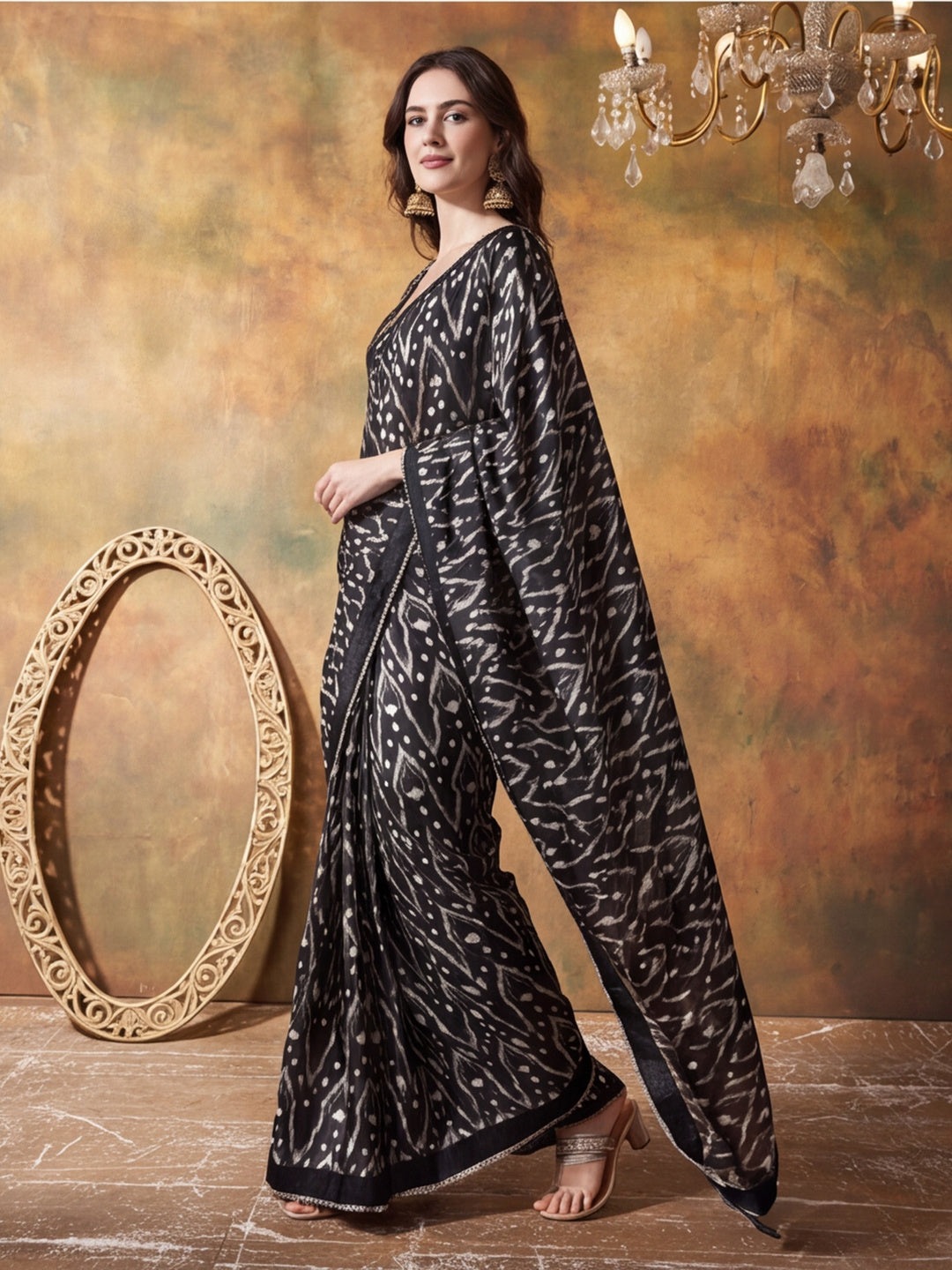 Trending Printed Chinon Ready To Wear Saree With Unstitched Blouse
