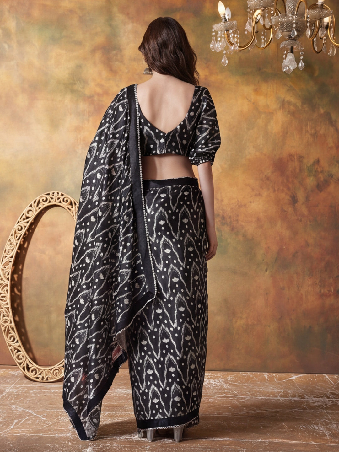 Trending Printed Chinon Ready To Wear Saree With Unstitched Blouse