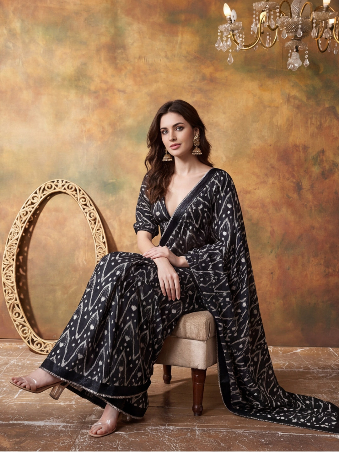 Trending Printed Chinon Ready To Wear Saree With Unstitched Blouse