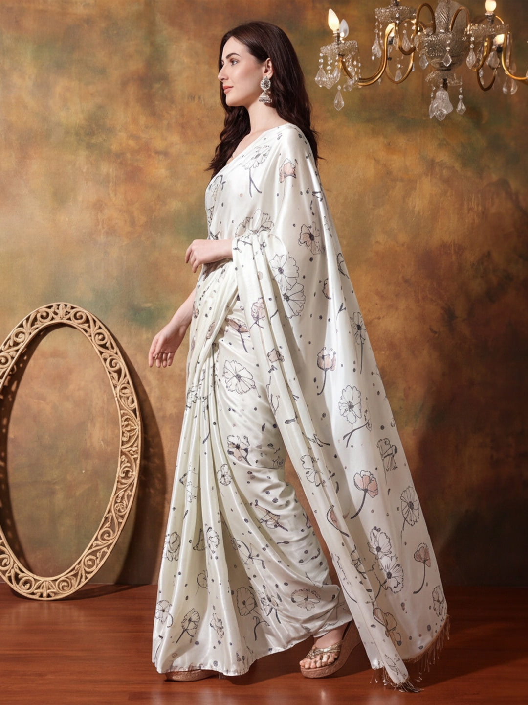 Trending Printed Chinon Ready To Wear Saree With Unstitched Blouse