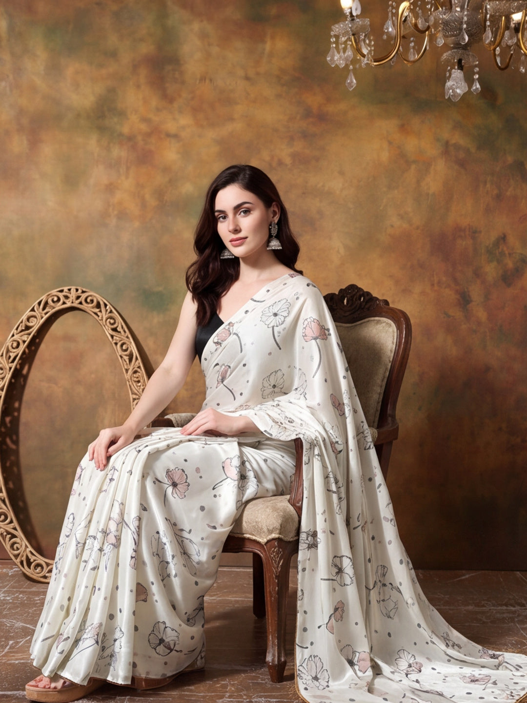 Trending Printed Chinon Ready To Wear Saree With Unstitched Blouse