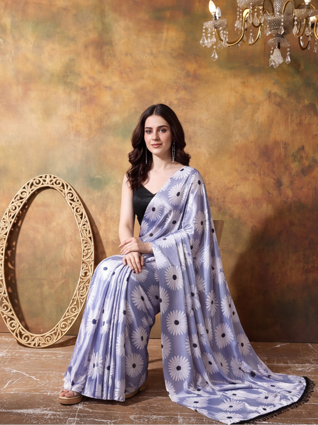 Trending Printed Chinon Ready To Wear Saree With Unstitched Blouse