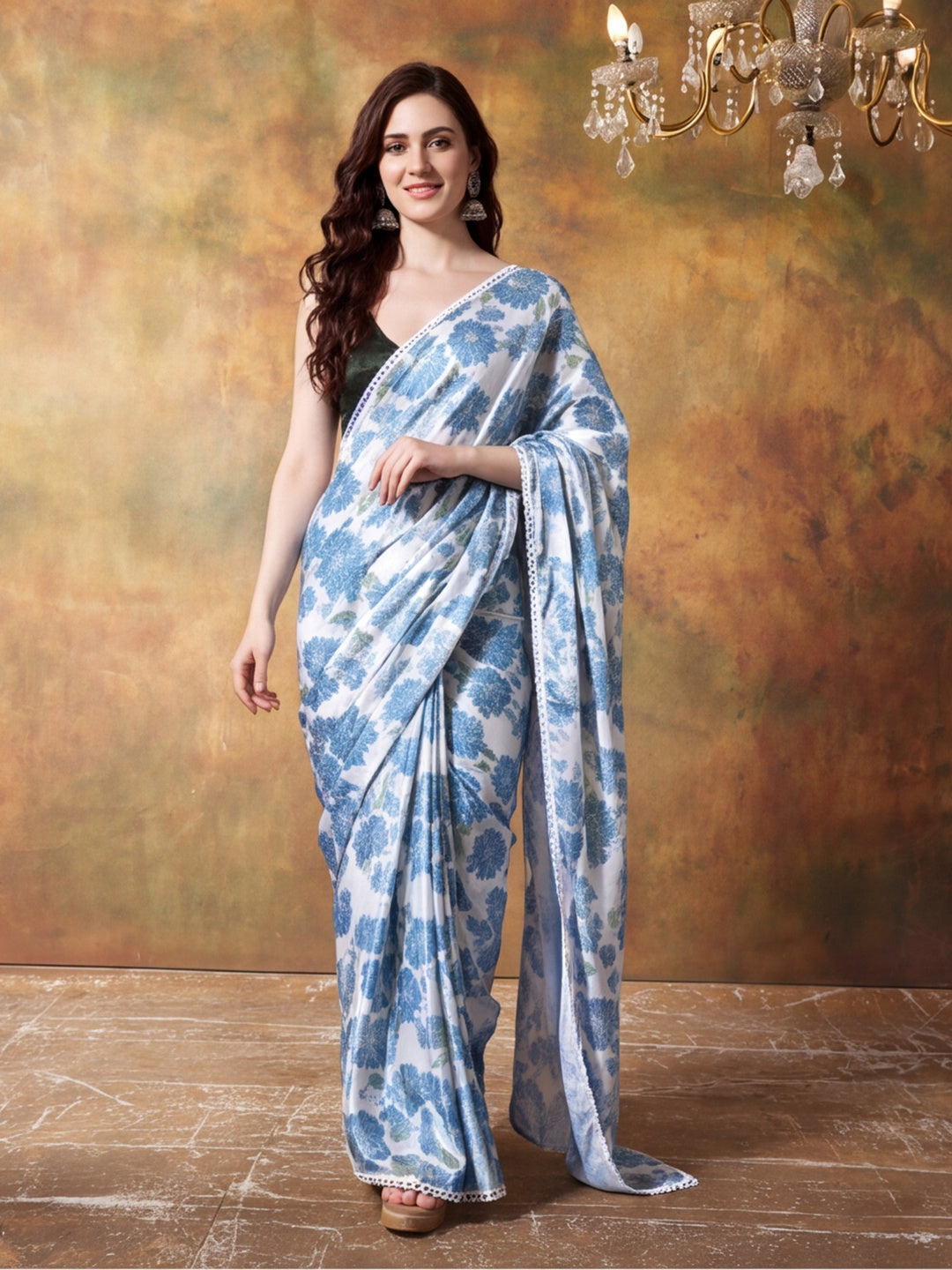 Trending Printed Chinon Ready To Wear Saree With Unstitched Blouse