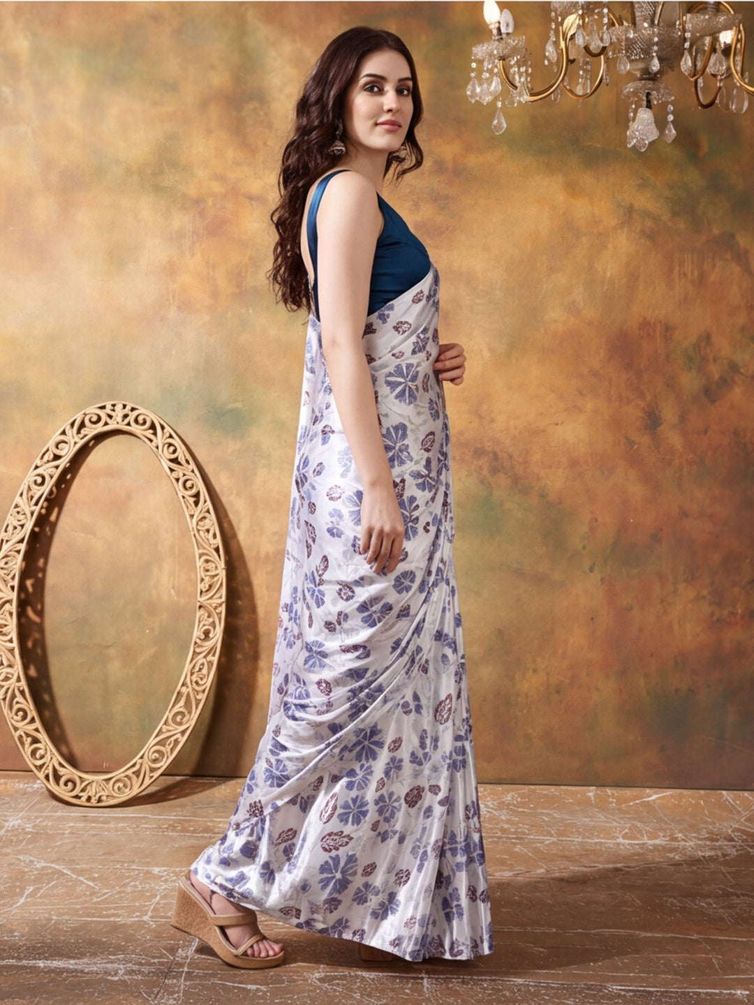 Trending Printed Chinon Ready To Wear Saree With Unstitched Blouse
