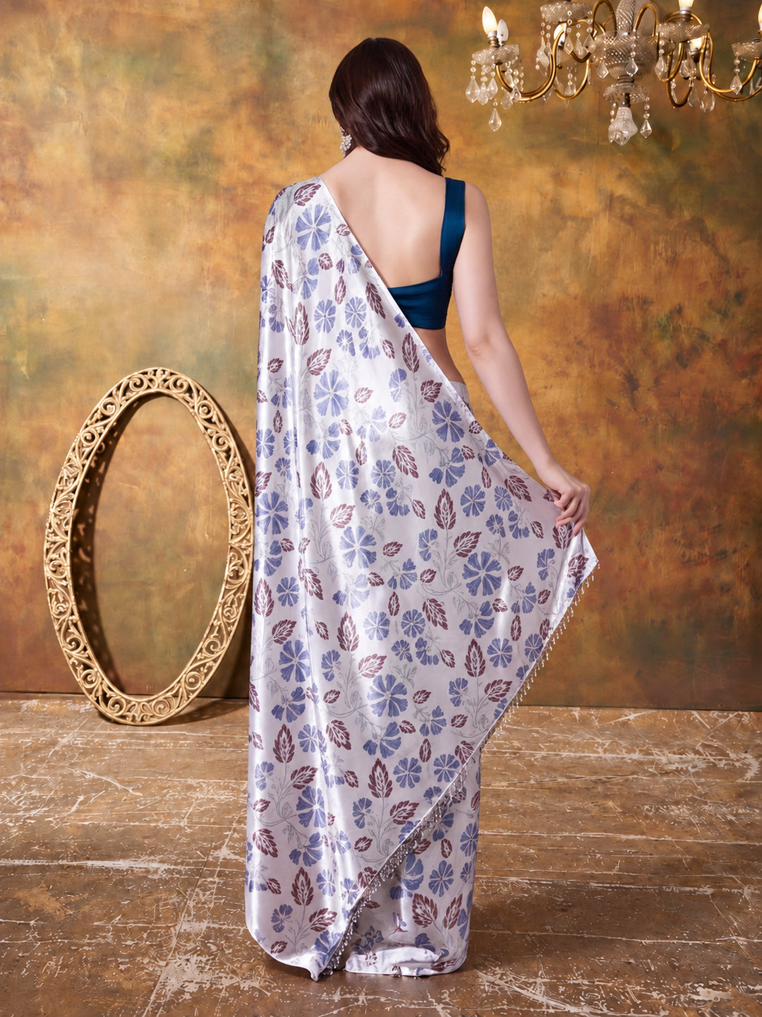 Trending Printed Chinon Ready To Wear Saree With Unstitched Blouse