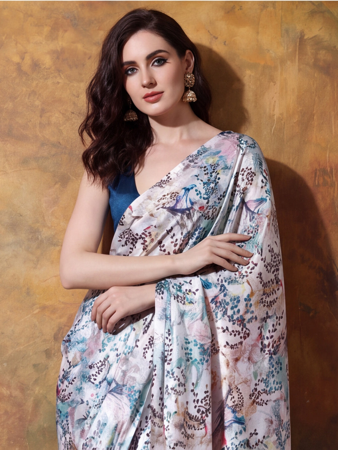 Trending Printed Chinon Ready To Wear Saree With Unstitched Blouse