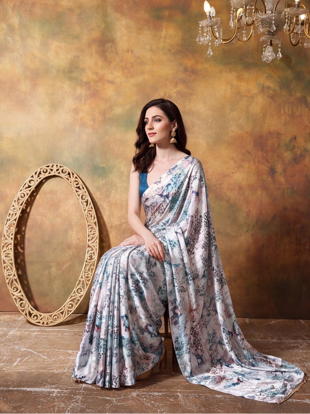 Trending Printed Chinon Ready To Wear Saree With Unstitched Blouse