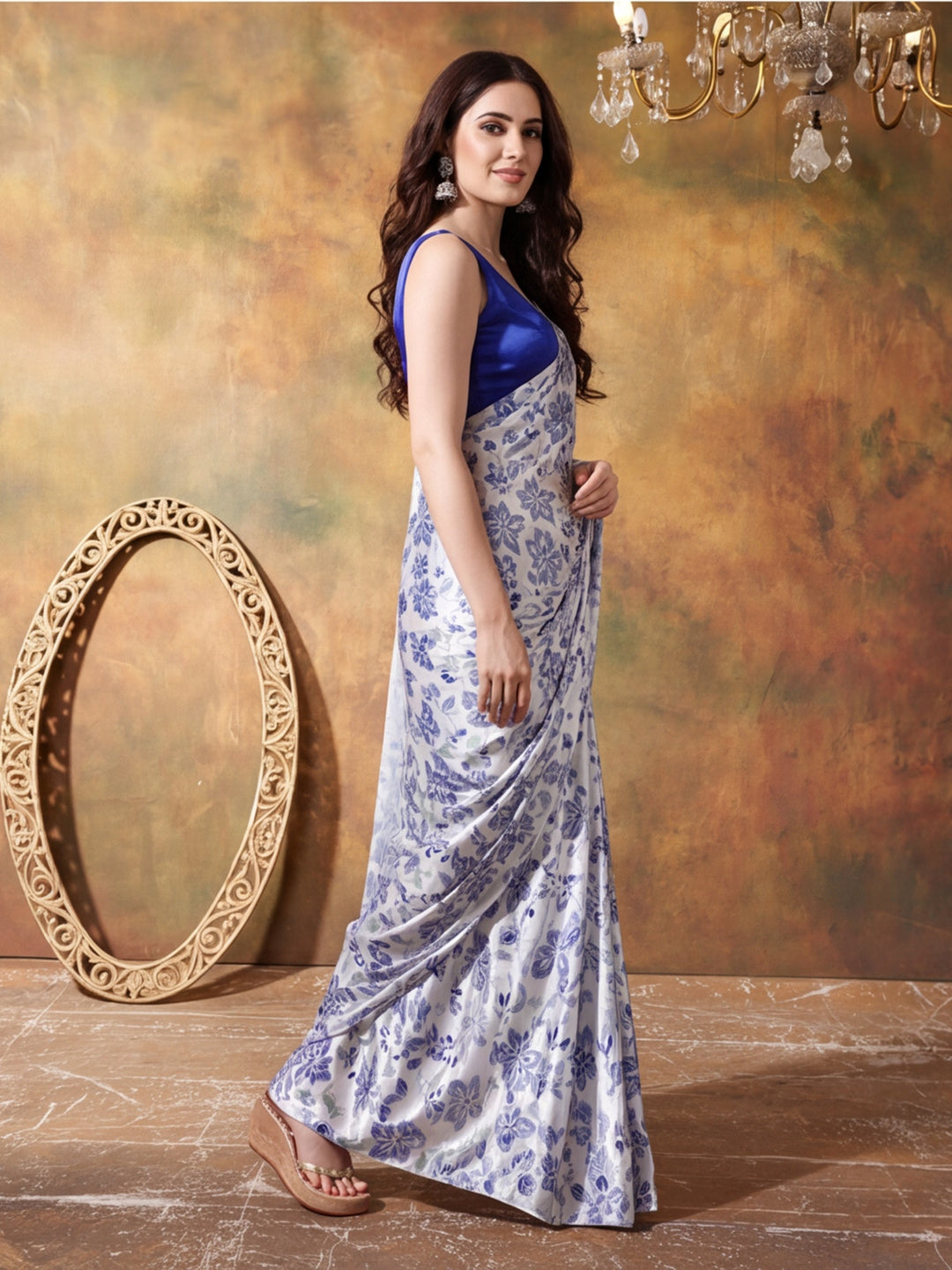 Trending Printed Chinon Ready To Wear Saree With Unstitched Blouse
