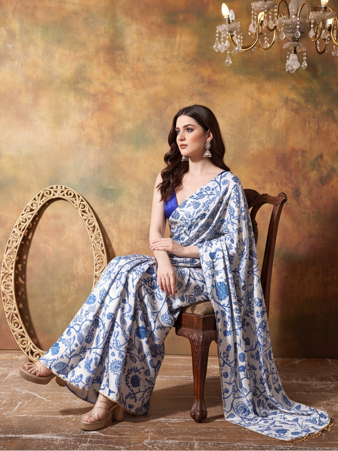 Trending Printed Chinon Ready To Wear Saree With Unstitched Blouse