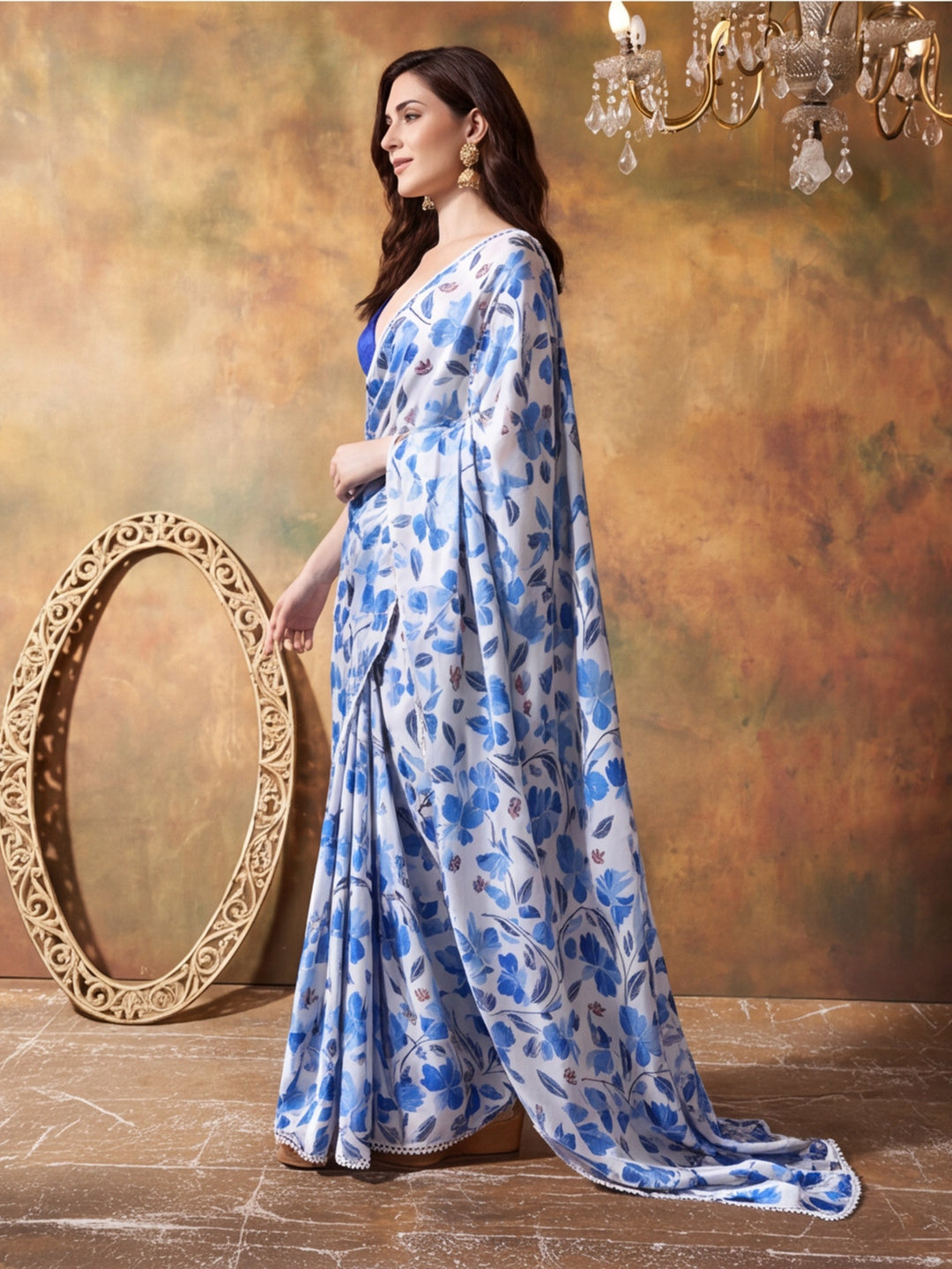 Trending Printed Chinon Ready To Wear Saree With Unstitched Blouse