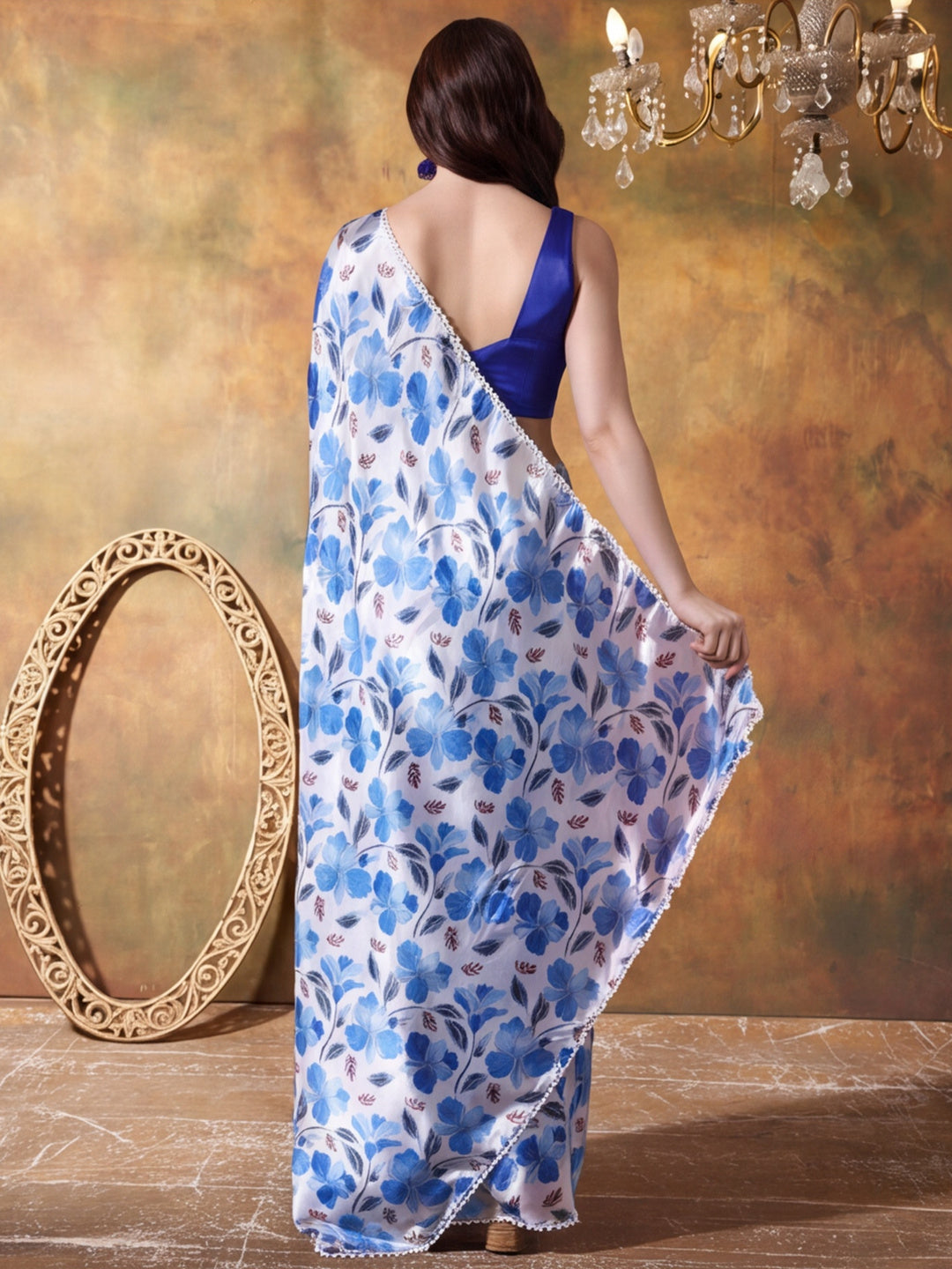 Trending Printed Chinon Ready To Wear Saree With Unstitched Blouse
