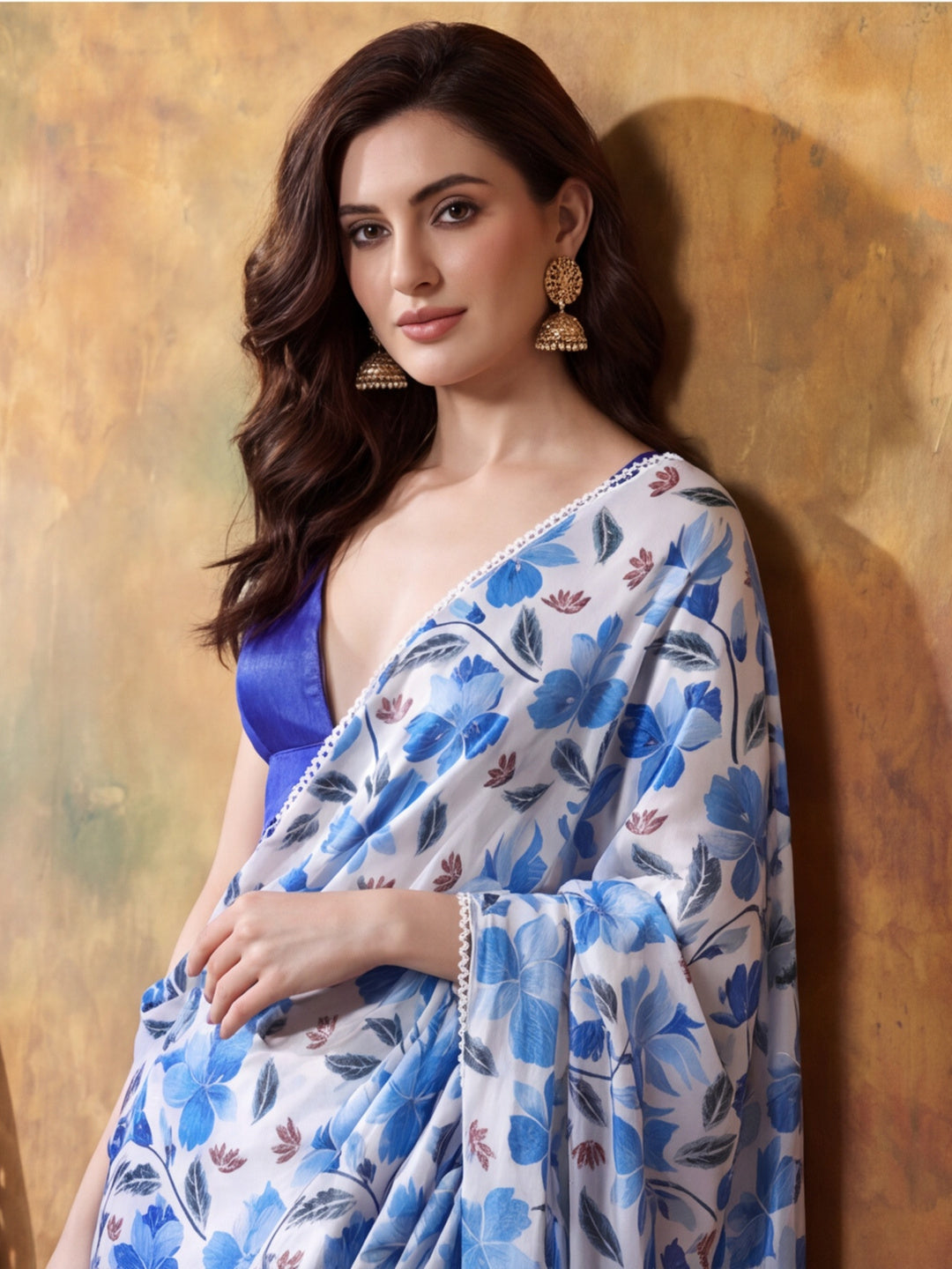 Trending Printed Chinon Ready To Wear Saree With Unstitched Blouse