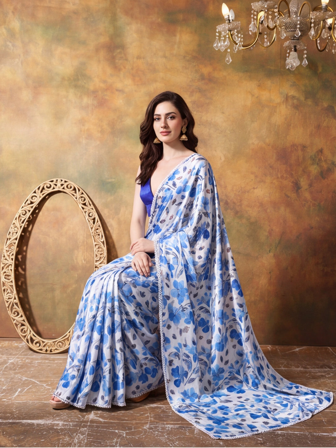 Trending Printed Chinon Ready To Wear Saree With Unstitched Blouse