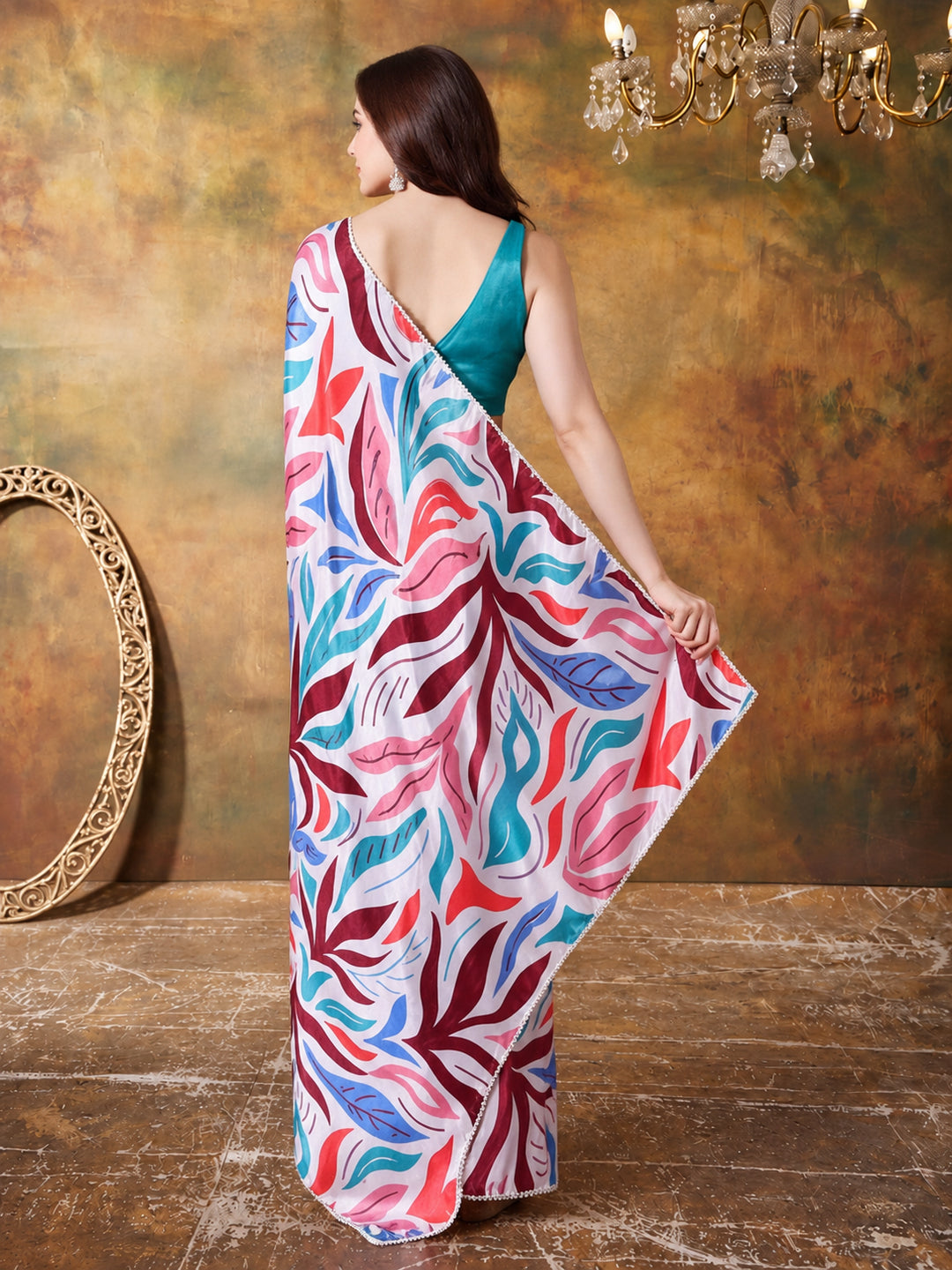 Trending Printed Chinon Ready To Wear Saree With Unstitched Blouse