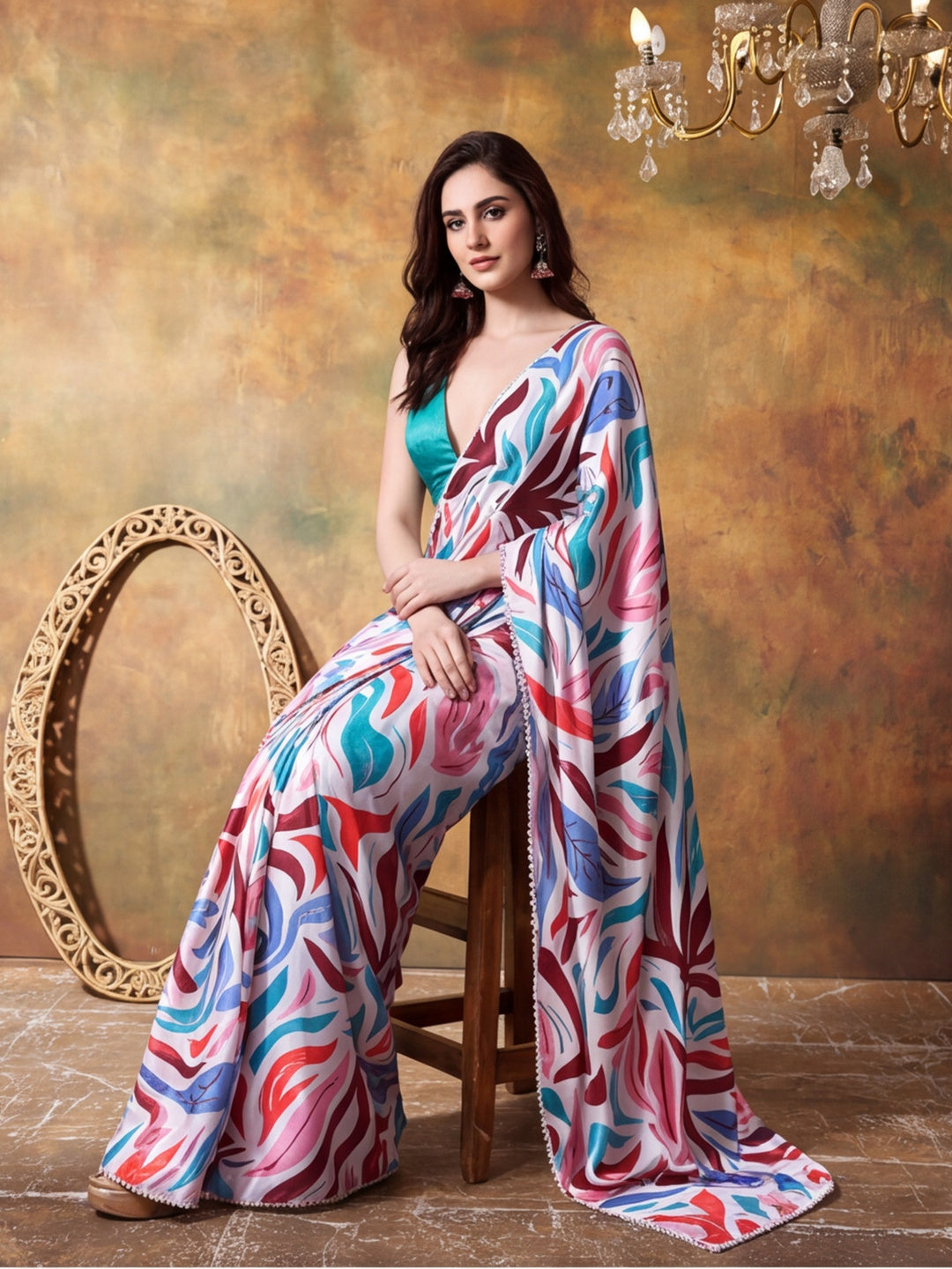 Trending Printed Chinon Ready To Wear Saree With Unstitched Blouse