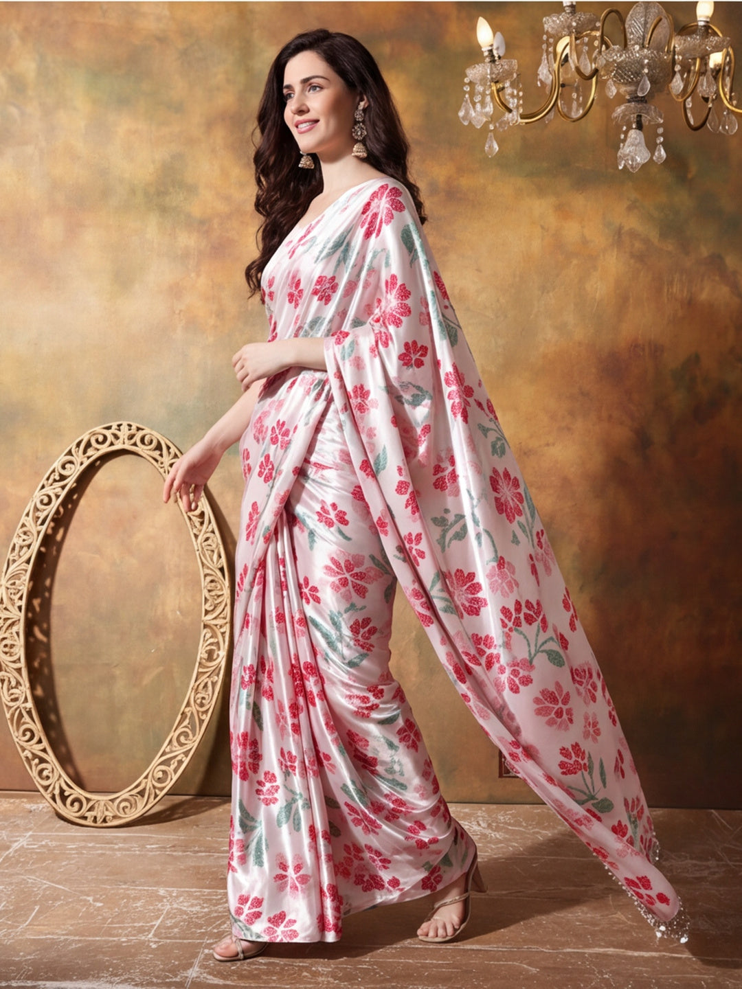 Trending Printed Chinon Ready To Wear Saree With Unstitched Blouse
