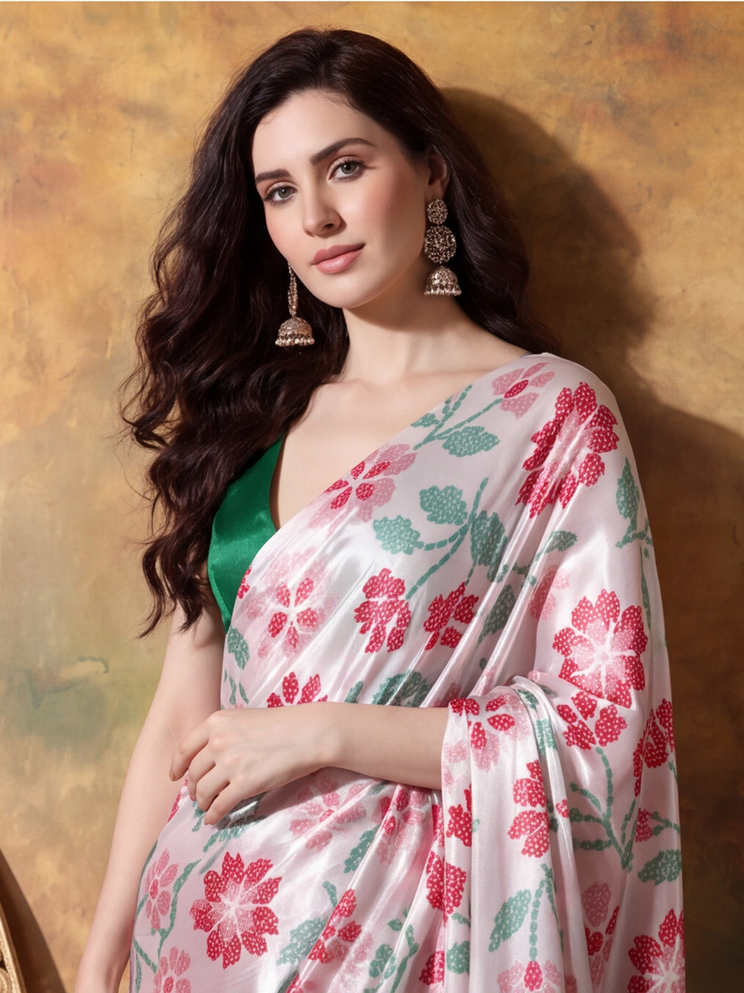 Trending Printed Chinon Ready To Wear Saree With Unstitched Blouse