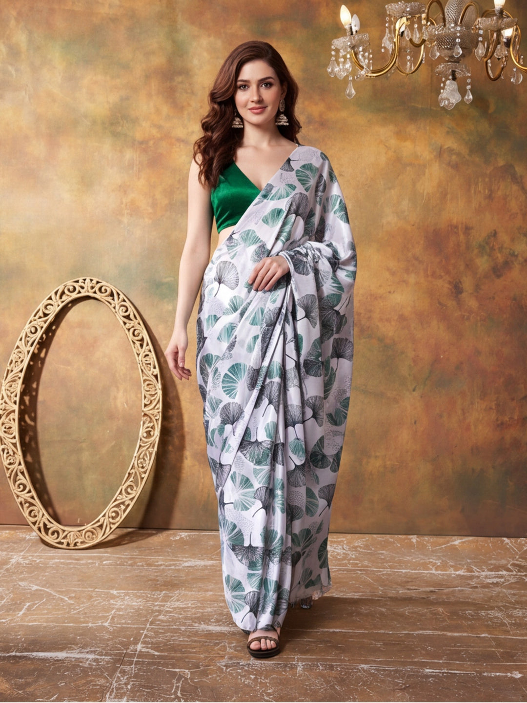 Trending Printed Chinon Ready To Wear Saree With Unstitched Blouse