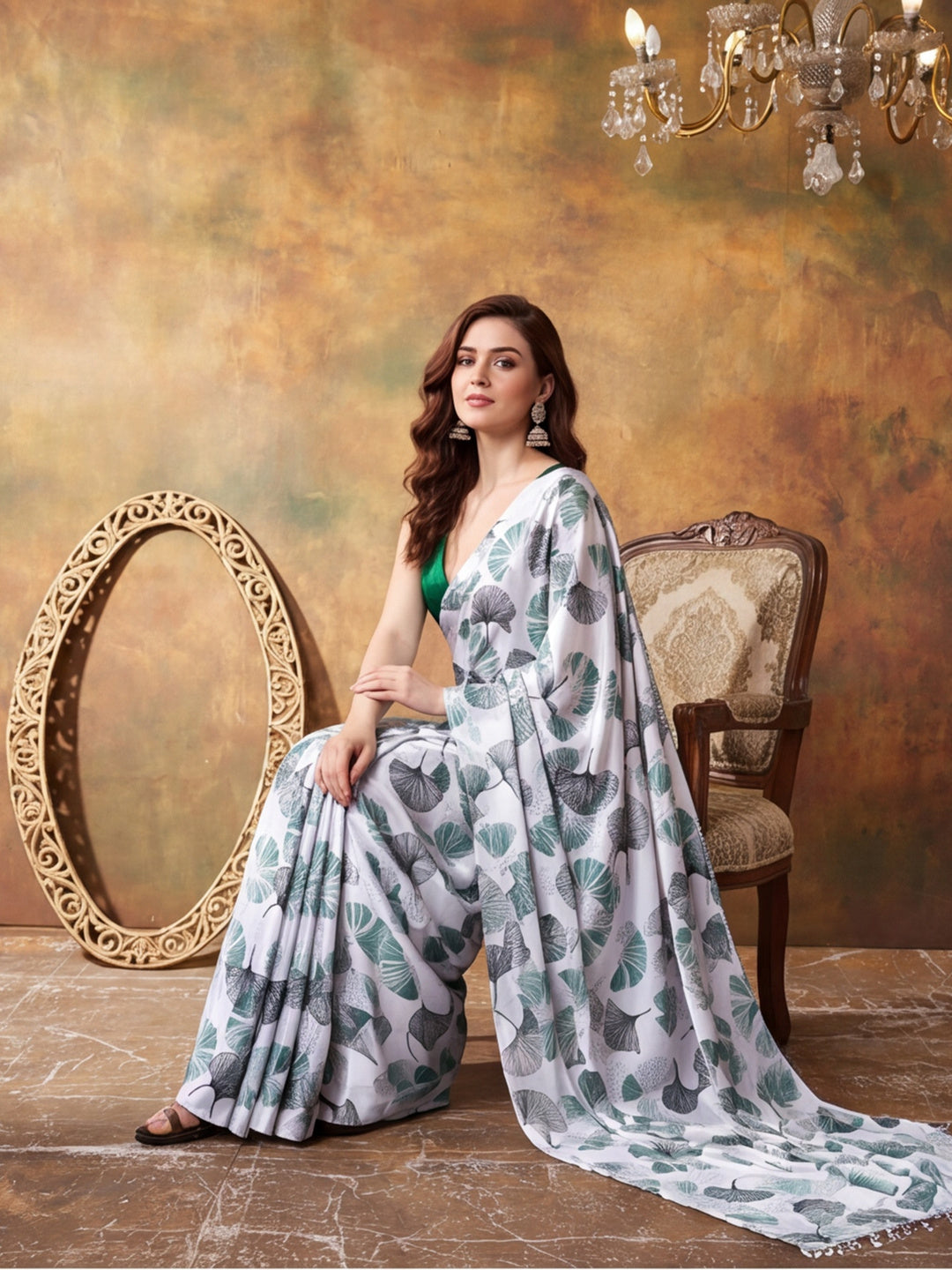 Trending Printed Chinon Ready To Wear Saree With Unstitched Blouse