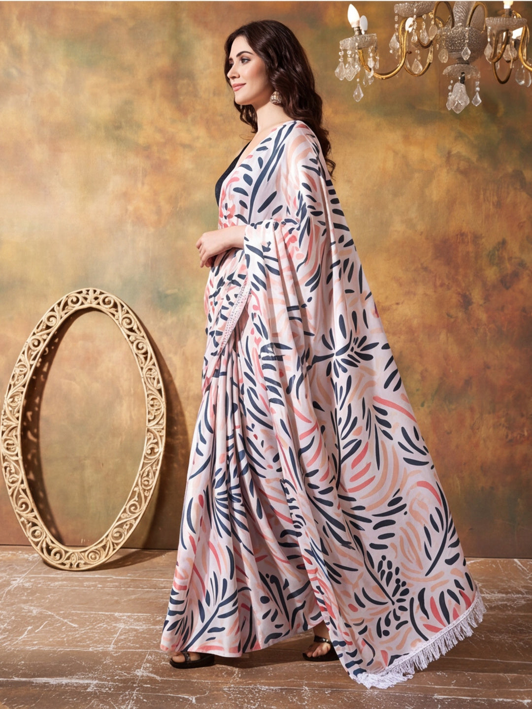 Trending Printed Chinon Ready To Wear Saree With Unstitched Blouse