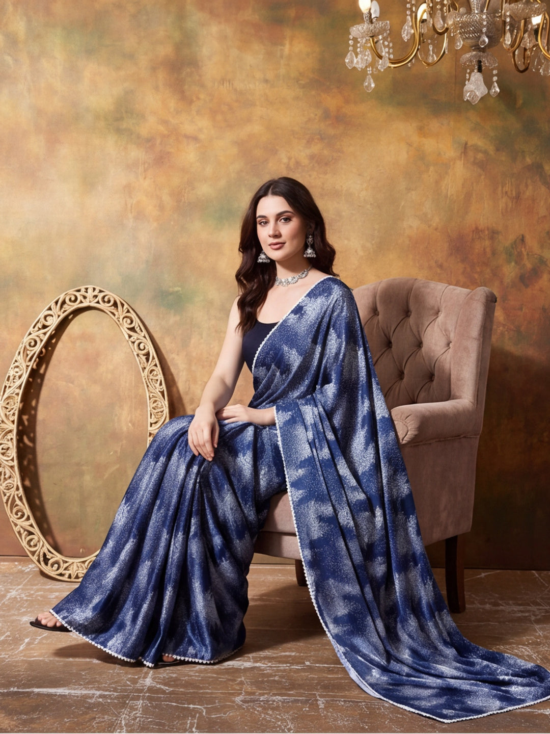 Trending Printed Chinon Ready To Wear Saree With Unstitched Blouse